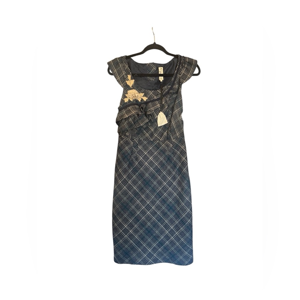Anthropologie Floreat Wool Tweed Plaid Ruffle
Neckline Pencil Sheath Dress